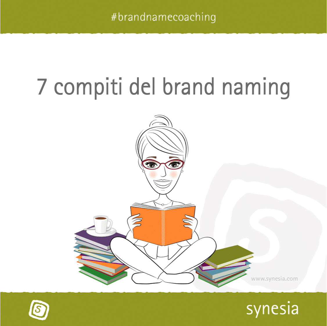 Fumetto di una donna che legge dei libri. Sullo sfondo la scritta "i sette compiti del brand naming".